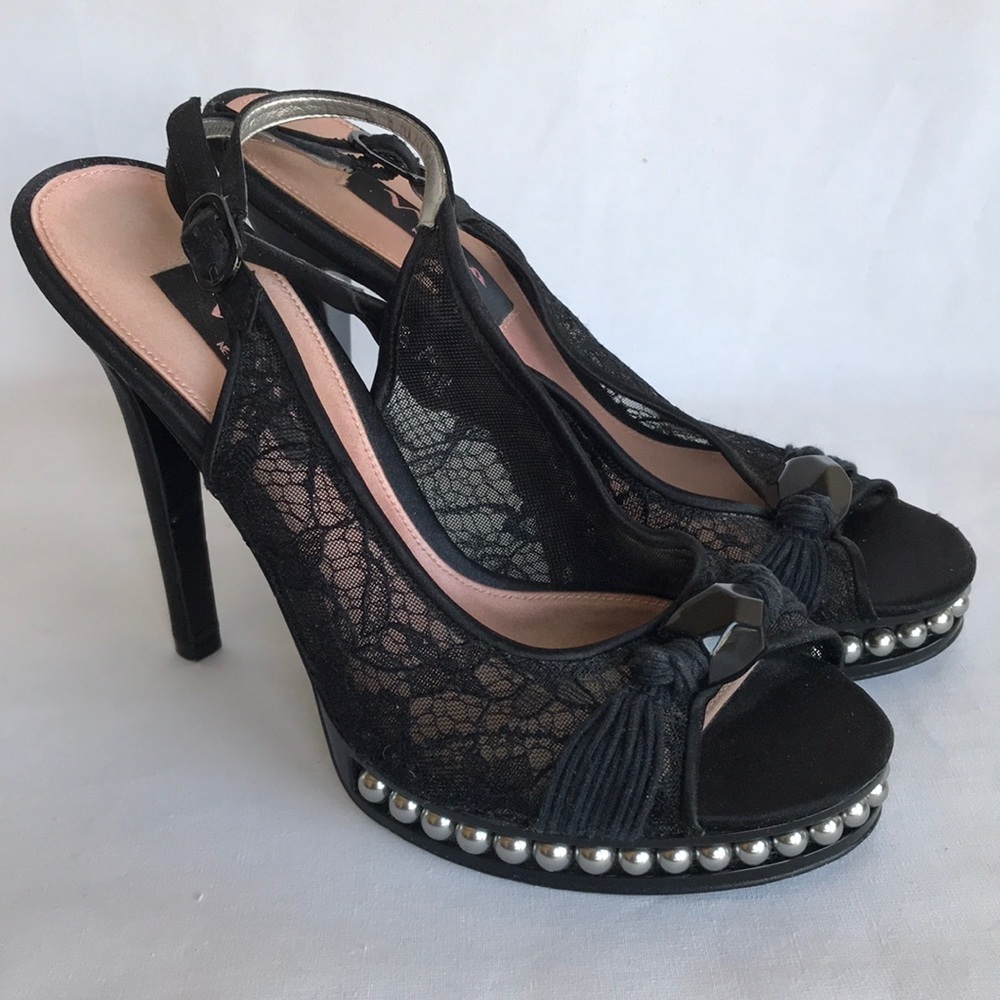 Nina New York black platform heels with ankle strap, pearl, bead, lace, size 7.5